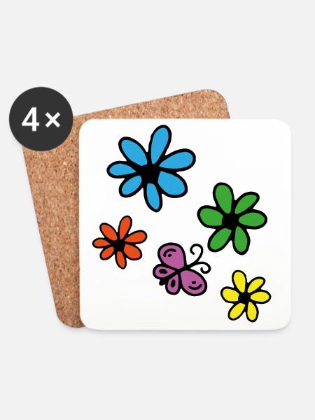 Bunte Blumen und Schmetterling - Untersetzer (4er-Set) - Weiß