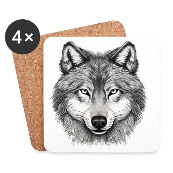 Wolfskopf, gezeichnetes Kunstwerk - Untersetzer (4er-Set) - Weiß - Vorne