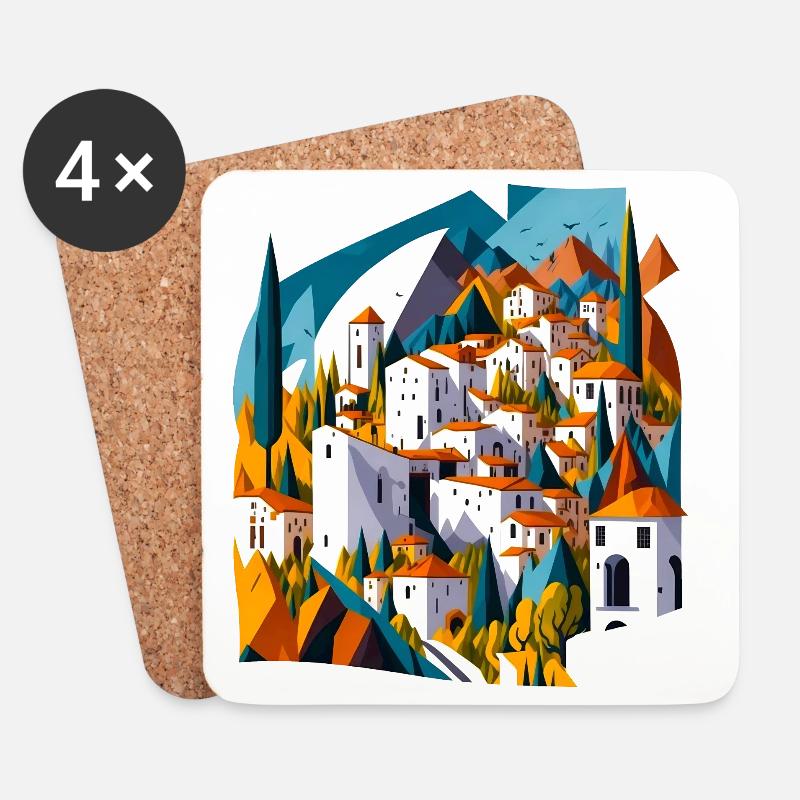 Mediterranes Bergdorf - Untersetzer (4er-Set) - Weiß