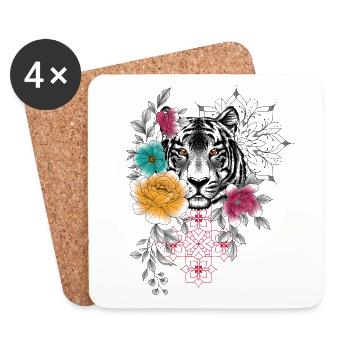 Florales und dekoratives Tigerkopf-Design in Coule - Untersetzer (4er-Set) - Weiß - Vorne