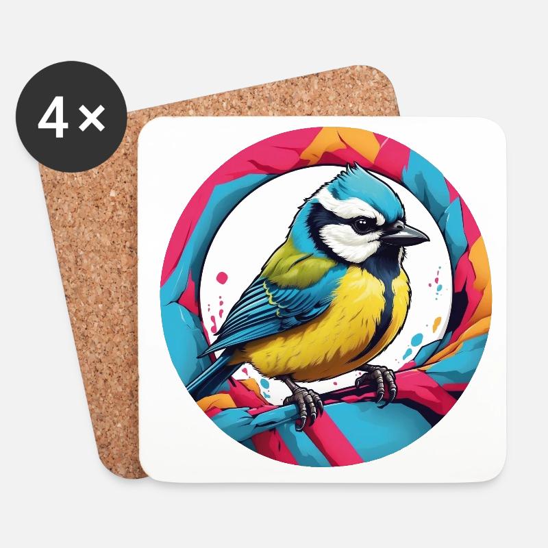 Farbenfrohes Blaumeisen Motiv - Untersetzer (4er-Set) - Weiß