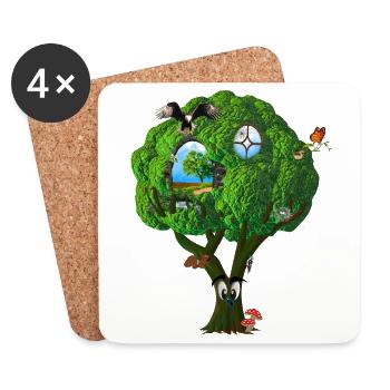 Cabane dans les arbres Fantasy Arbre avec des yeux Oiseaux Champignons - Dessous de verre (lot de 4) - blanc - Devant