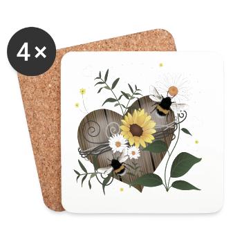 Hummel Herz Holz Blüten - Untersetzer (4er-Set) - Weiß - Vorne