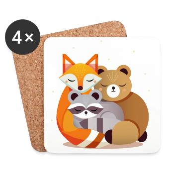 Sleeping forest animals – fox, bear and raccoon - Coasters (set of 4) - white - Front