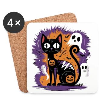 Gruselige Halloween-Katze - Untersetzer (4er-Set) - Weiß - Vorne