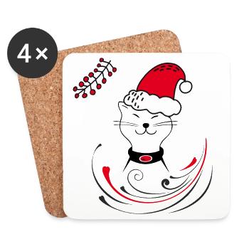Cat with Santa hat - Coasters (set of 4) - white - Front