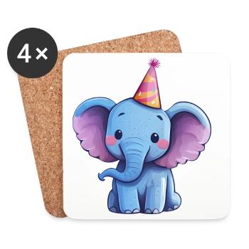 Éléphant heureux mignon avec chapeau de fête - Dessous de verre (lot de 4) - blanc - Devant