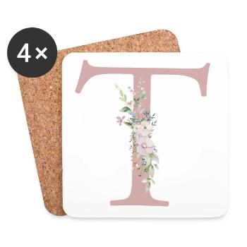 T Monogramm, Floral, personalisierbar - Untersetzer (4er-Set) - Weiß - Vorne