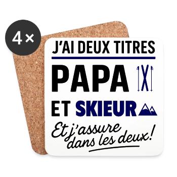 Deux titres papa et skieur,Ski,montagne - Dessous de verre (lot de 4) - blanc - Devant