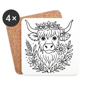 Vache des Highlands avec des fleurs - Volksfest Design - Dessous de verre (lot de 4) - blanc - Devant