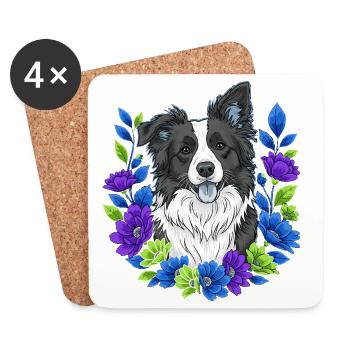 Joyful Border Collie Portrait with Floral Accents - Coasters (set of 4) - white - Front