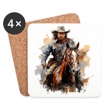 Cow-boy sur cheval sauvage dans le style aquarelle - Dessous de verre (lot de 4) - blanc - Devant
