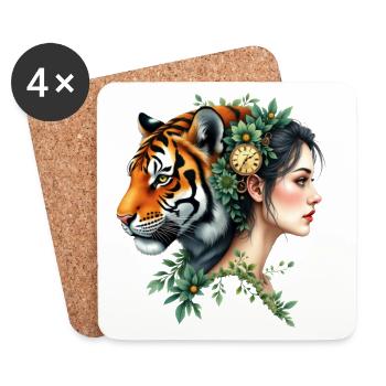 Florale Tigerfrau mit Uhr - Untersetzer (4er-Set) - Weiß - Vorne