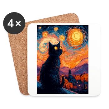 Chat d’Halloween – Motif artistique dans le style de Van Gogh - Dessous de verre (lot de 4) - blanc - Devant