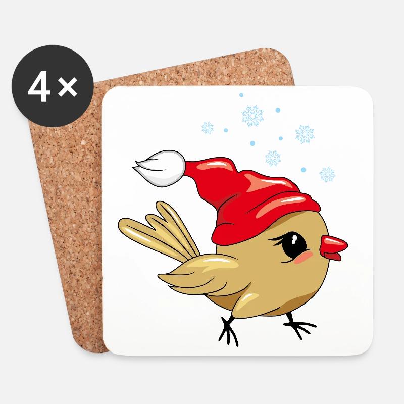 Oiseau heureux mignon dans le chapeau de Noël - Dessous de verre (lot de 4) - blanc