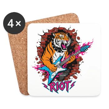 Tigre avec guitare contre mur de moellons - Dessous de verre (lot de 4) - blanc - Devant