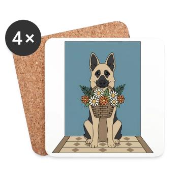 Corbeille de fleurs chien : Berger allemand - Dessous de verre (lot de 4) - blanc - Devant