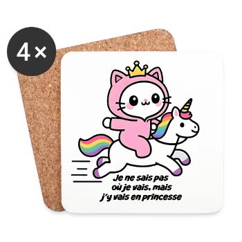 Chat rose sur licorne arc-en-ciel - Dessous de verre (lot de 4) - blanc - Devant