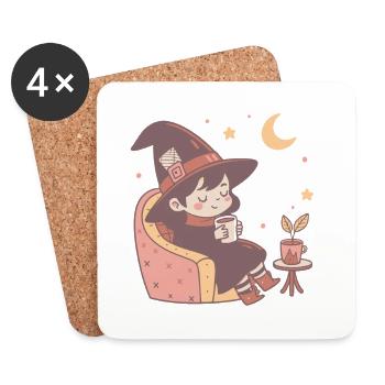 Cute Cozy Little Witch Drinking Her Tea - Coasters (set of 4) - white - Front
