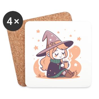 Cute Witch Cozy and Kawaii Tea - Coasters (set of 4) - white - Front
