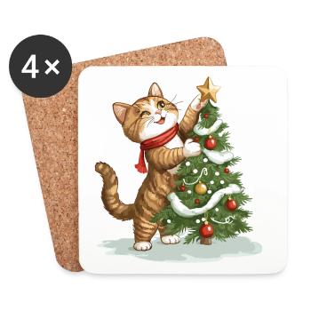 Katze Weihnachtsbaum Weihnachten Xmas Süß Lustig - Untersetzer (4er-Set) - Weiß - Vorne