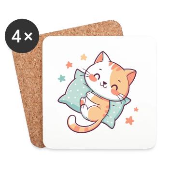 Chat câlin sur oreiller étoiles - Dessous de verre (lot de 4) - blanc - Devant