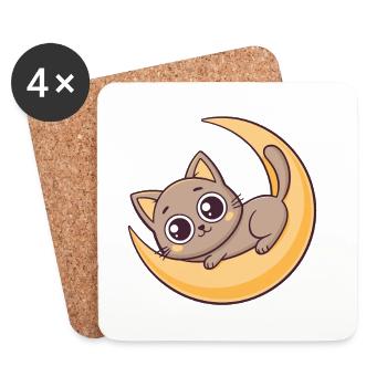 Chaton sur Croissant Lunaire - Dessous de verre (lot de 4) - blanc - Devant