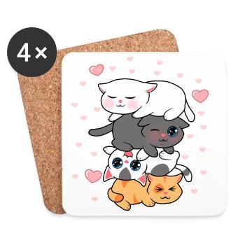 Four Kawaii Kittens Stack Cute Cats Illustration - Coasters (set of 4) - white - Front