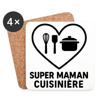 Super maman cuisinière – Cœur cuisine - Dessous de verre (lot de 4) - blanc - Devant