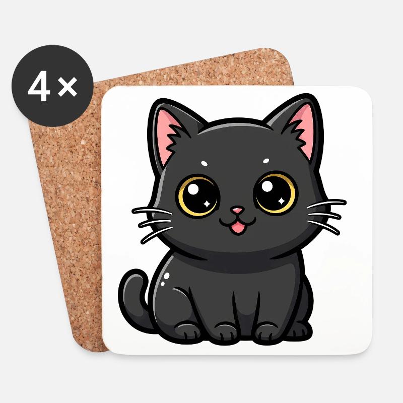 Kawaii Schwarzer Katzen-Anhänger - Untersetzer (4er-Set) - Weiß