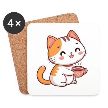 Katzen-Cartoon-Hot-Mug - Untersetzer (4er-Set) - Weiß - Vorne