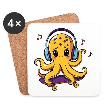 Pieuvre DJ sur skateboard - Dessous de verre (lot de 4) - blanc - Devant