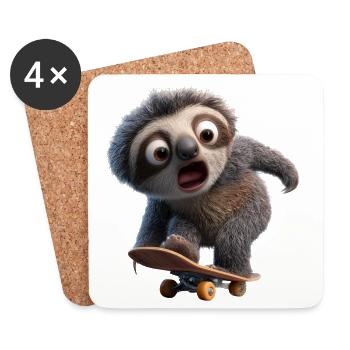 Paresseux sur le skateboard Drôle, lent, cool, frais - Dessous de verre (lot de 4) - blanc - Devant