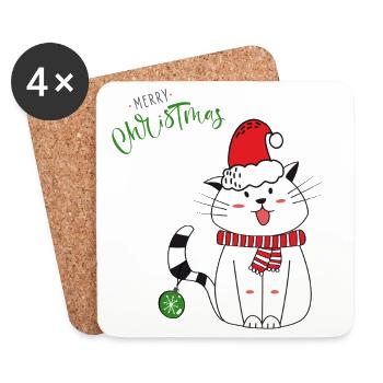 Chat de Noël avec le Chapeau de Père Noël - Dessous de verre (lot de 4) - blanc - Devant