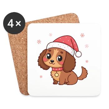 Chiot Noël au Chapeau Rouge - Dessous de verre (lot de 4) - blanc - Devant