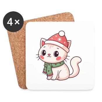 Chaton Noël avec bonnet rouge - Dessous de verre (lot de 4) - blanc - Devant