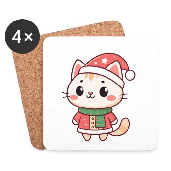 Chaton Noël kawaii en bonnet rouge - Dessous de verre (lot de 4) - blanc - Devant
