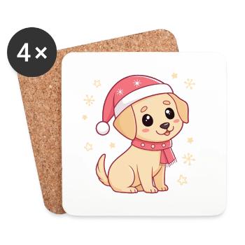 Chiot Labrador Kawaii Noël en bonnet rouge - Dessous de verre (lot de 4) - blanc - Devant