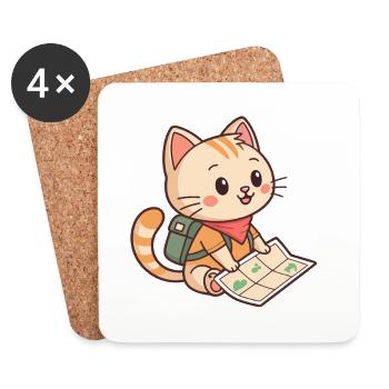 Chat Aventurier Carte et Sac Voyageur - Dessous de verre (lot de 4) - blanc - Devant