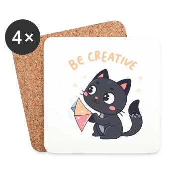 Kawaii-Katze und kreativer Drachen - Untersetzer (4er-Set) - Weiß - Vorne