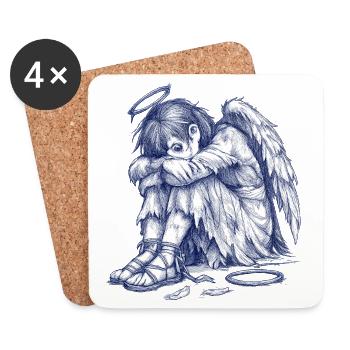 Sad Angel | Hand Painted Drawing - Coasters (set of 4) - white - Front