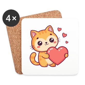 Chat mignon tenant un cœur - Dessous de verre (lot de 4) - blanc - Devant