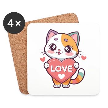 Chat kawaii cœur Love - Dessous de verre (lot de 4) - blanc - Devant