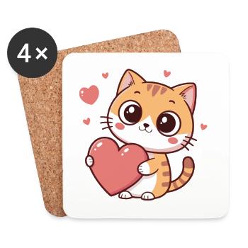 Chat cœur kawaii amoureuse - Dessous de verre (lot de 4) - blanc - Devant