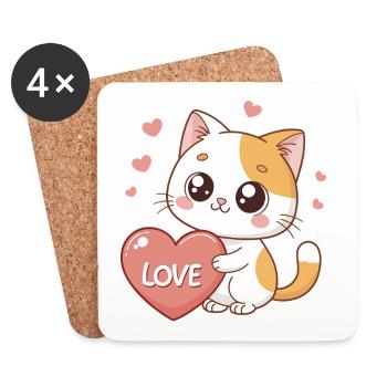 Chat kawaii cœur amour - Dessous de verre (lot de 4) - blanc - Devant