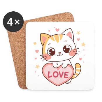 Chaton kawaii cœur Love - Dessous de verre (lot de 4) - blanc - Devant