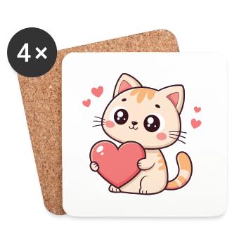 Cat Cuddle Heart Plush - Coasters (set of 4) - white - Front