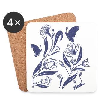 Motif floral bleu dans le style d’art populaire - Dessous de verre (lot de 4) - blanc - Devant