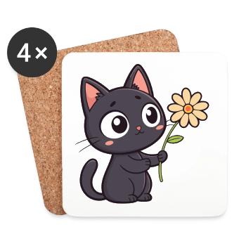 Kawaii Schwarze Katze und Gänseblümchen - Untersetzer (4er-Set) - Weiß - Vorne