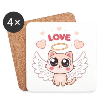 Winged Angelica Cat and Heart - Coasters (set of 4) - white - Front